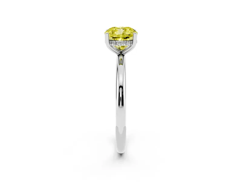 Fancy Yellow Cushion Cut Diamond Solitaire Engagement Ring Set in White gold with Prong Setting and Polished Band