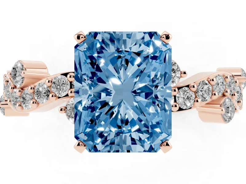 Fancy Blue Radiant Cut Diamond Solitaire Twisted Band Set in Rose gold with Pavé Setting