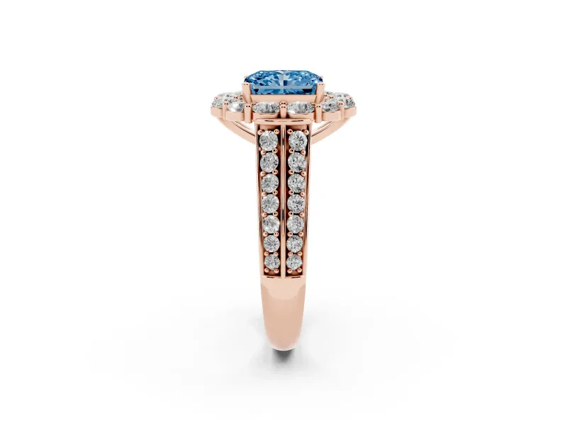 Fancy Blue Radiant Cut Diamond Halo Engagement Ring Set in Rose gold with Split Shank and Prong Setting