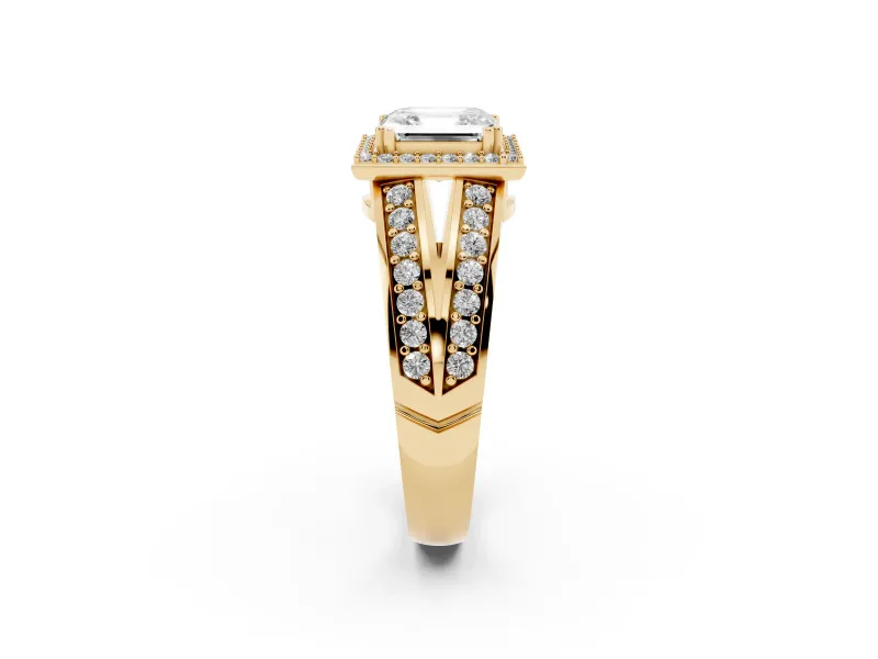 Asscher Cut Halo Engagement Ring Setting | Two-Row Pave Split Shank | Yellow Gold