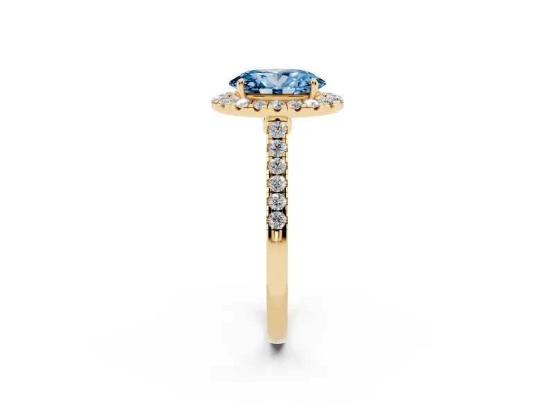 Oval Halo Engagement Ring Setting for a Fancy Blue Lab-Grown Diamond | Pave Shoulders | Yellow Gold
