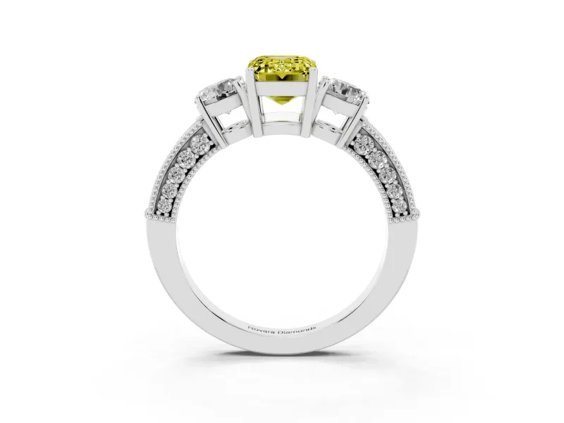 Fancy Yellow Emerald Cut Diamond Three-Stone Ring Set in Platinum with Round Side Stones and Pavé Band