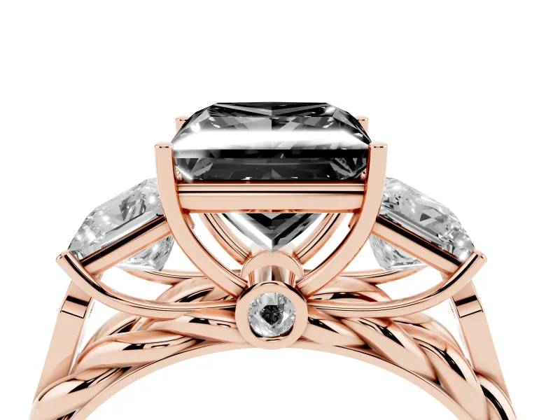 Fancy Black Princess Cut Diamond Three-Stone Ring Set in Rose gold with Braided Band