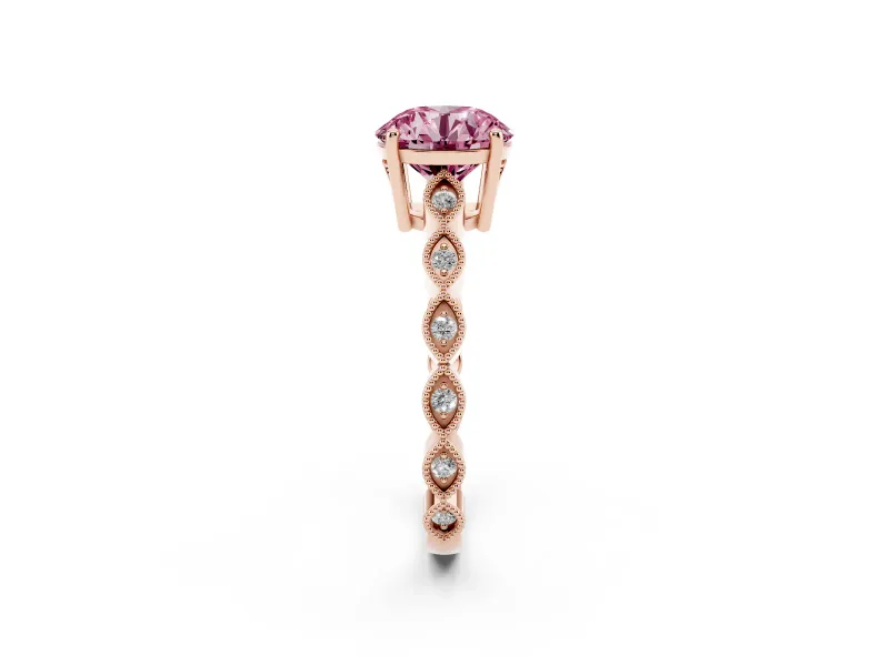 Fancy Pink Round Cut Diamond Solitaire Ring Set in Rose gold with Infinity Twist Pavé Band