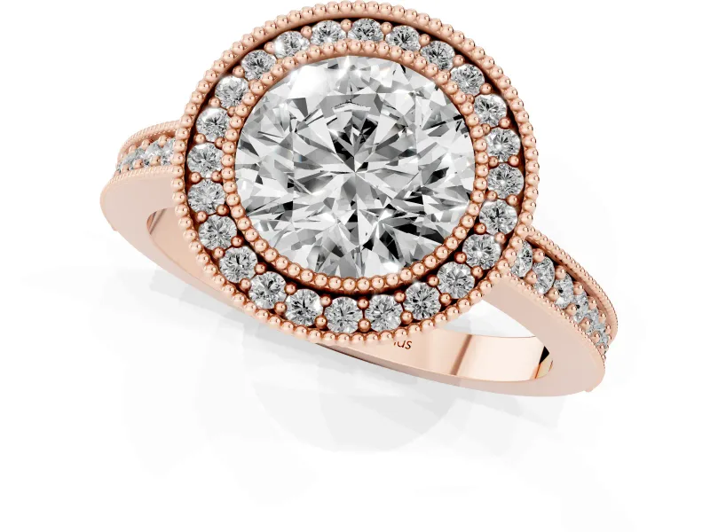 Round Milgrain Halo Engagement Ring Setting | Pave Band | Rose Gold