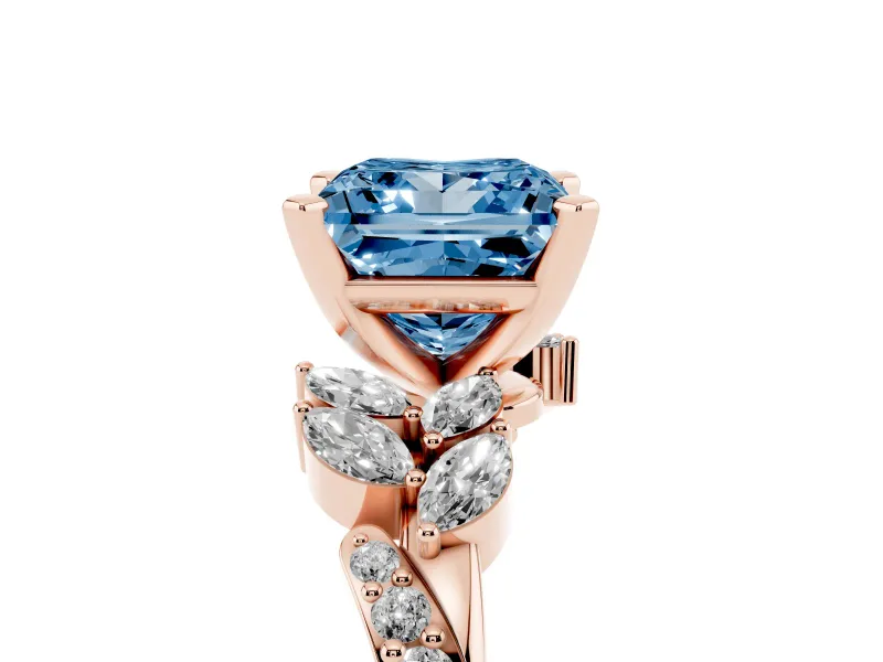 Princess Cut Floral Engagement Ring Setting for a Fancy Blue Lab-Grown Diamond | Marquise Side Stones | Rose Gold