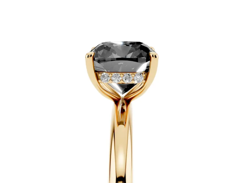 Cushion Cut Hidden Halo Engagement Ring Setting for a Black Center | Thin Plain Band | Yellow Gold