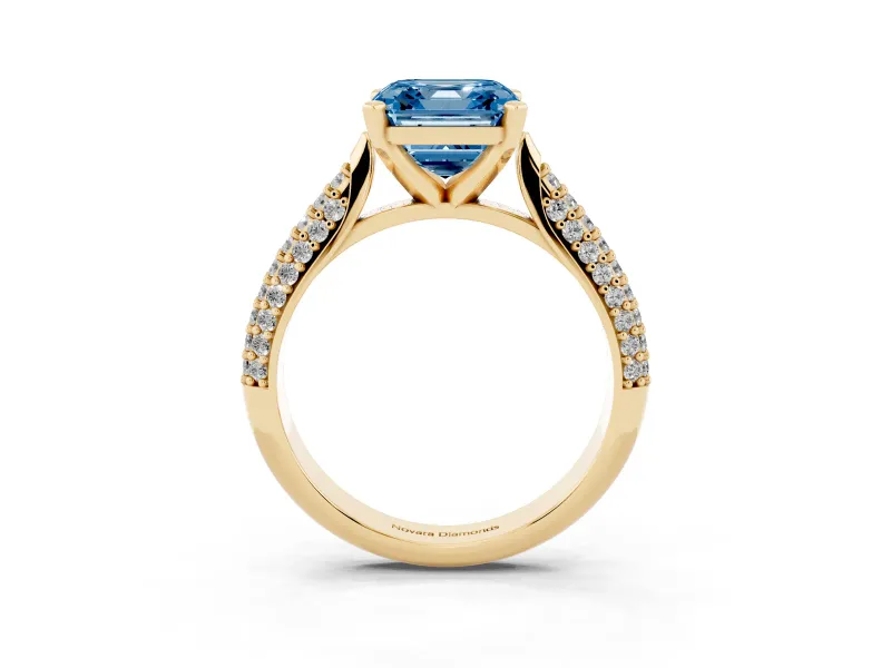 Fancy Blue Asscher Cut Diamond Solitaire Engagement Ring Set in Yellow gold with Multi-Row Round Pavé Band and Prong Setting