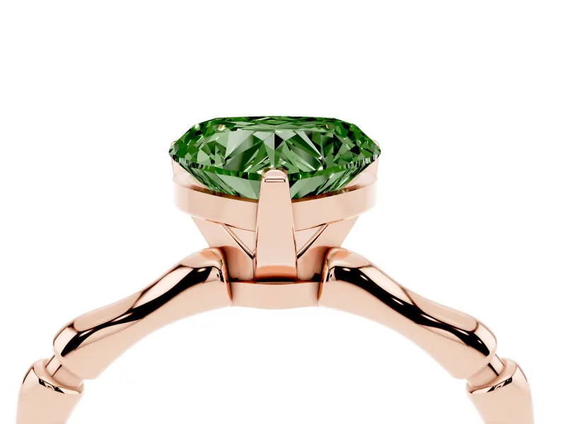 Fancy Green Heart Cut Diamond Solitaire Ring Set in Rose gold with Bamboo Band and Prong Setting