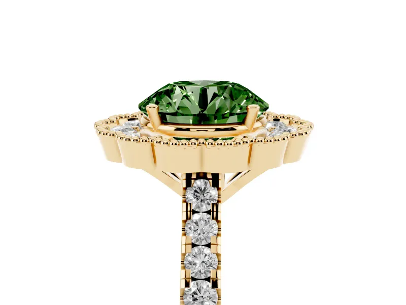 Fancy Green Round Cut Diamond Milgrain Floral Halo Engagement Ring Set in Yellow gold with Pavé Band