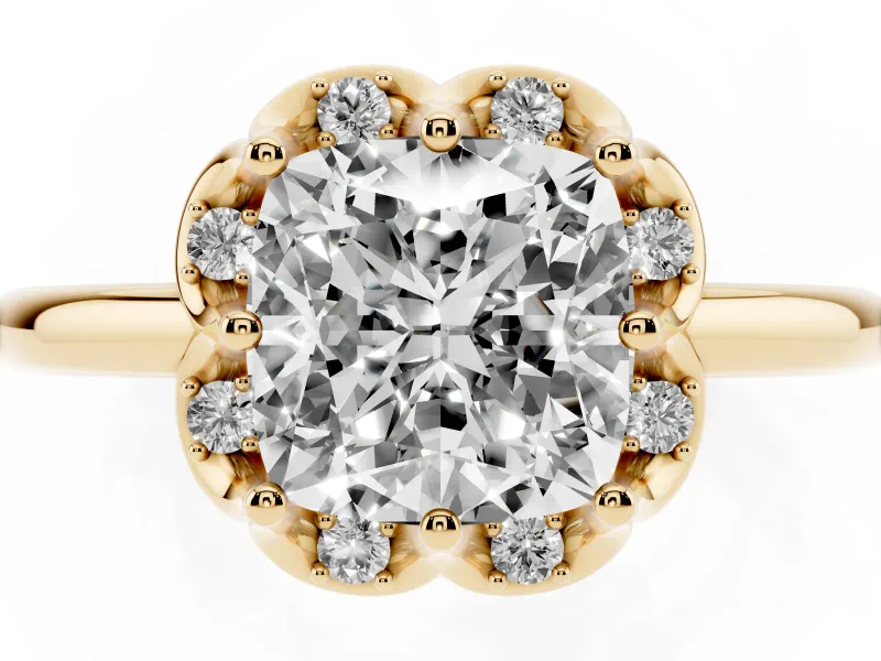Cushion Cut Scalloped Petal Halo Engagement Ring Setting | Plain Band | Yellow Gold