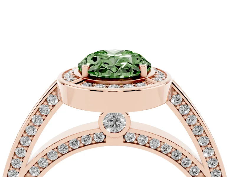 Fancy Green Oval Cut Diamond Halo Pavé Split Shank Ring Set in Rose gold with Prong Setting