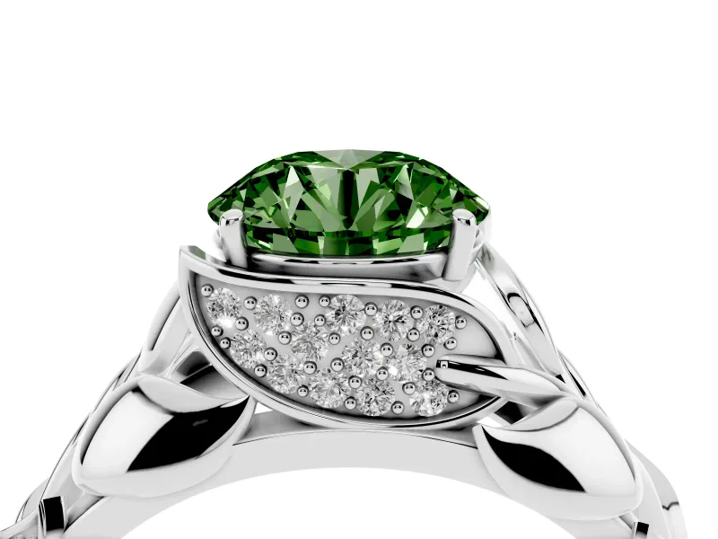 Fancy Green Round Cut Diamond Leaf-Inspired Engagement Ring Set in Silver with Round Accents