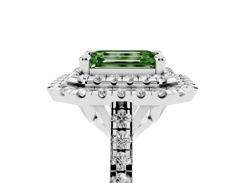 Fancy Green Emerald Cut Diamond Double Halo Statement Ring Set in Silver with Pavé Band