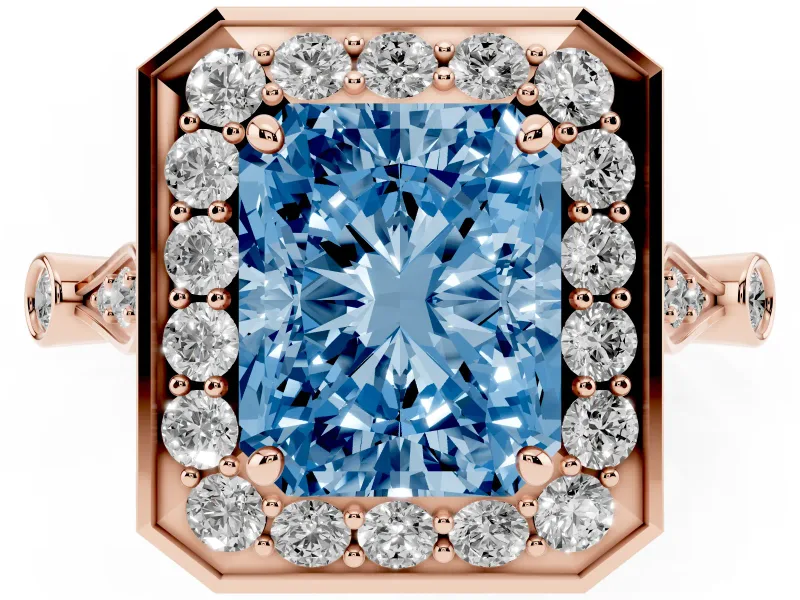Radiant Cut Halo Engagement Ring Setting for a Fancy Blue Lab-Grown Diamond | Bezel Station Shoulders | Rose Gold