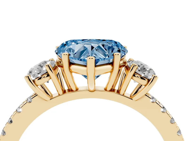 Heart-Shaped Three Stone Engagement Ring Setting for a Fancy Blue Lab-Grown Diamond | Pave Shoulders | Yellow Gold