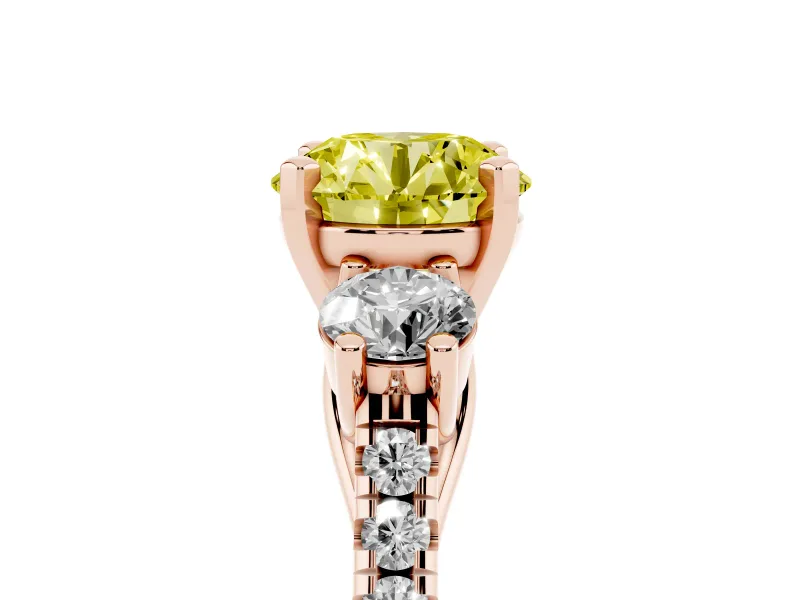 Fancy Yellow Three-Stone Round Cut Diamond Pavé Band Ring Set in Rose gold with Prong-Set Trio