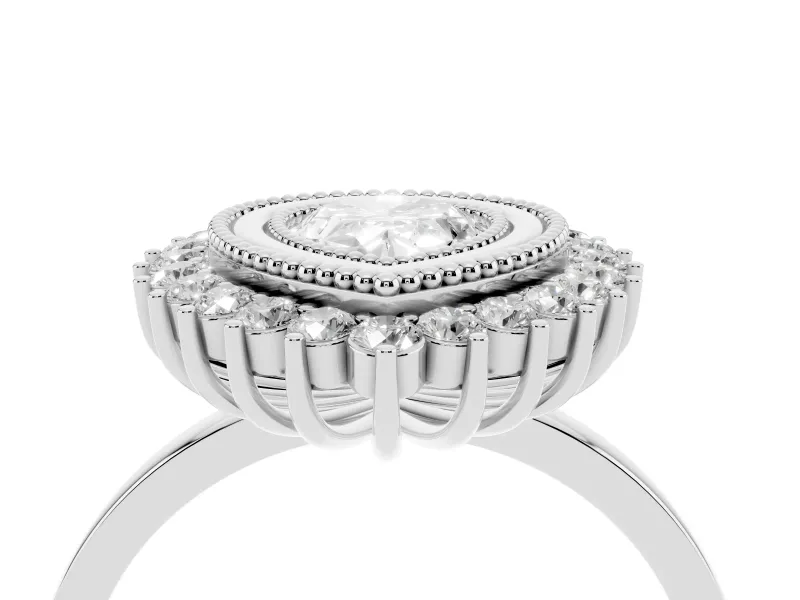 Pear Cut Diamond Halo Ring Set in White gold with Milgrain Edge and Round Prong Setting