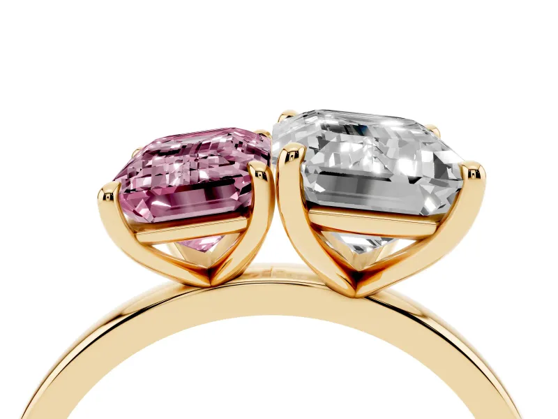 Fancy Pink Emerald Cut and Emerald Cut Toi Moi Ring Set in Yellow gold with Prong Setting