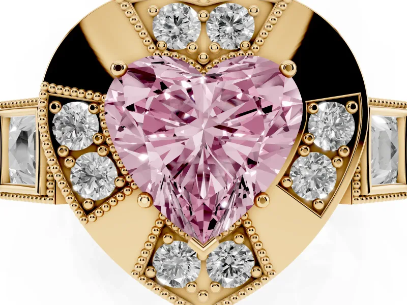 Fancy Pink Heart Cut Diamond Milgrain Halo Ring Set in Yellow gold with Split Shank