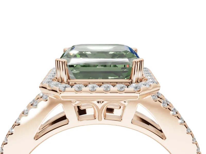 Asscher Cut Halo Split Shank Engagement Ring Setting for a Fancy Green Lab-Grown Diamond | Pavé Shoulders | Rose Gold