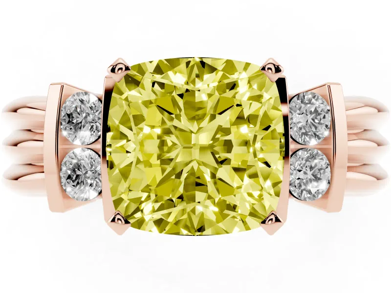 Fancy Yellow Three-Stone Cushion Cut Diamond Channel Set Ring Set in Rose gold with Bar Prongs