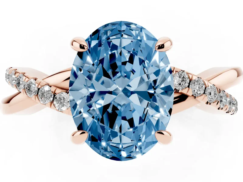 Fancy Blue Oval Cut Diamond Twist Band Solitaire Set in Rose gold with Pavé Accents and Prong Setting