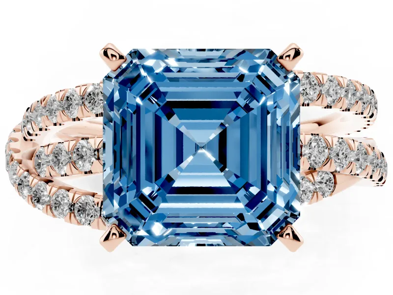 Fancy Blue Asscher Cut Diamond Solitaire Twist Band Ring Set in Rose gold with Pavé Setting and Prong Head