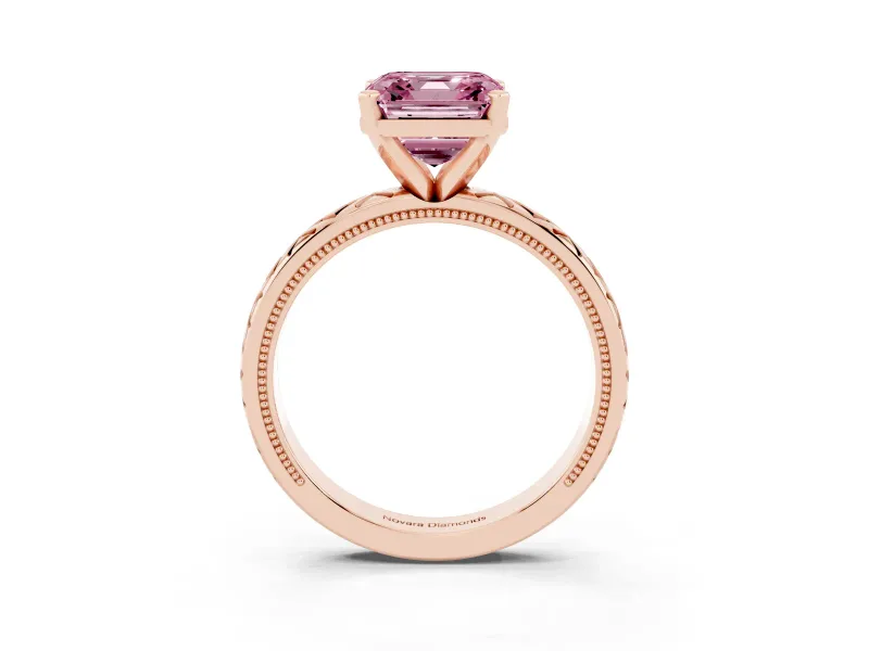 Fancy Pink Asscher Cut Diamond Solitaire Ring Set in Rose gold with Milgrain and Black Enamel X Pattern Band