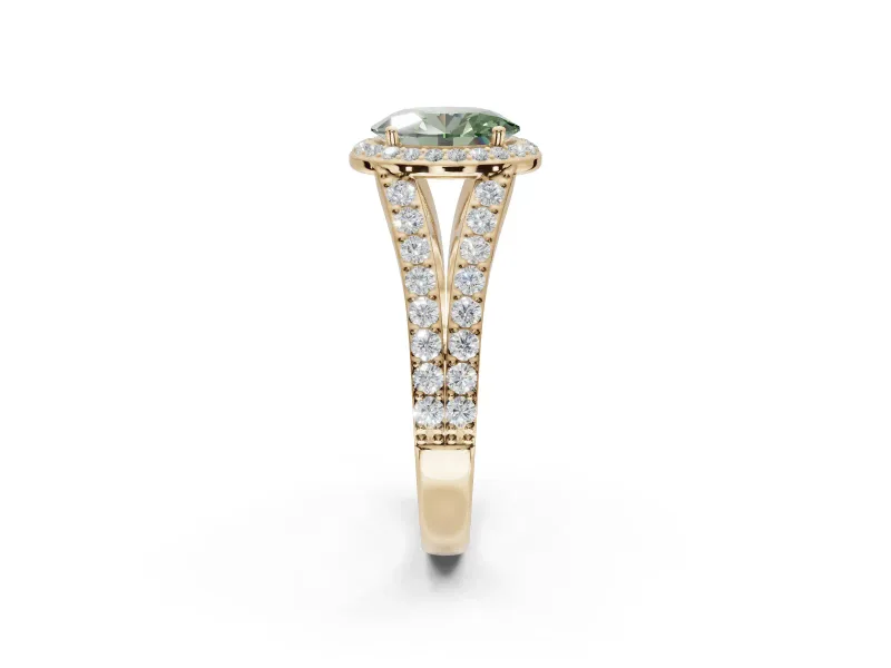 Oval Halo Pavé Engagement Ring Setting for a Fancy Green Lab-Grown Diamond | Narrow Split Shank | Yellow Gold