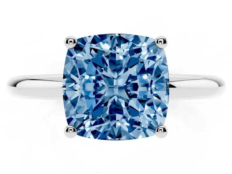 Fancy Blue Cushion Cut Diamond Solitaire Engagement Ring Set in Platinum with Prong Setting and Polished Band