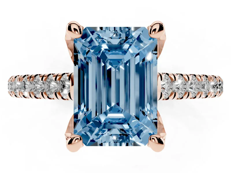 Emerald Cut Hidden Halo Pave Engagement Ring Setting for a Fancy Blue Lab-Grown Diamond | Claw Prongs | Rose Gold