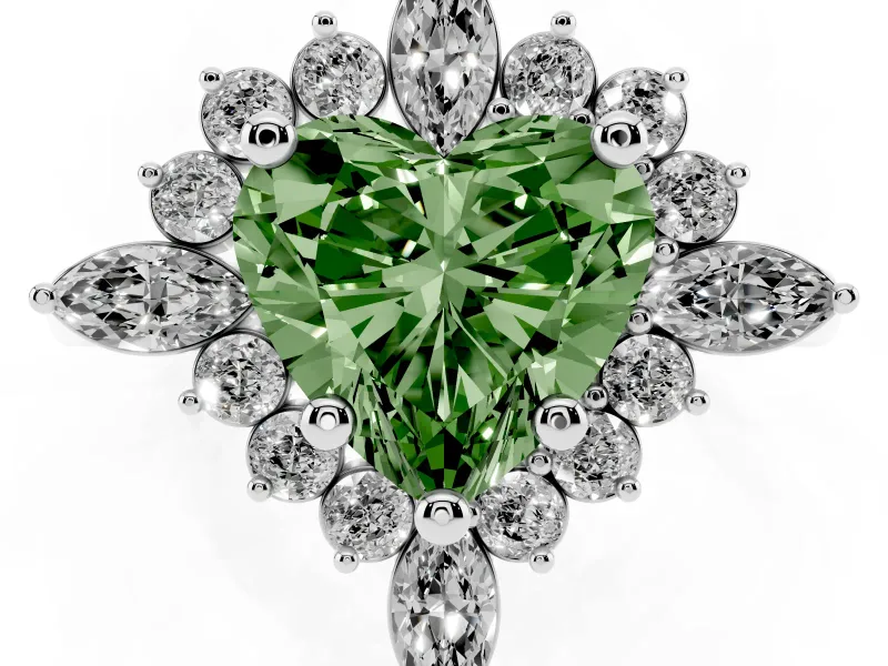 Fancy Green Heart Cut Diamond Cluster Halo Ring Set in Platinum with Marquise and Round Accents