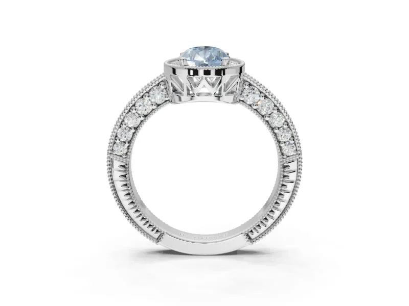 Pear-Shaped Milgrain Halo Engagement Ring Setting for a Fancy Blue Lab-Grown Diamond | Wide Pavé Band | White Gold