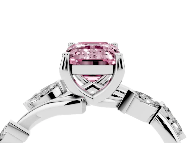 Fancy Pink Emerald Cut Diamond Solitaire Ring Set in Platinum with Twisted Marquise Accent Band