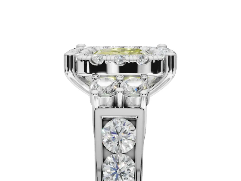 Cushion Cut Halo Engagement Ring Setting for a Fancy Yellow Lab-Grown Diamond | Graduated Channel Band | White Gold