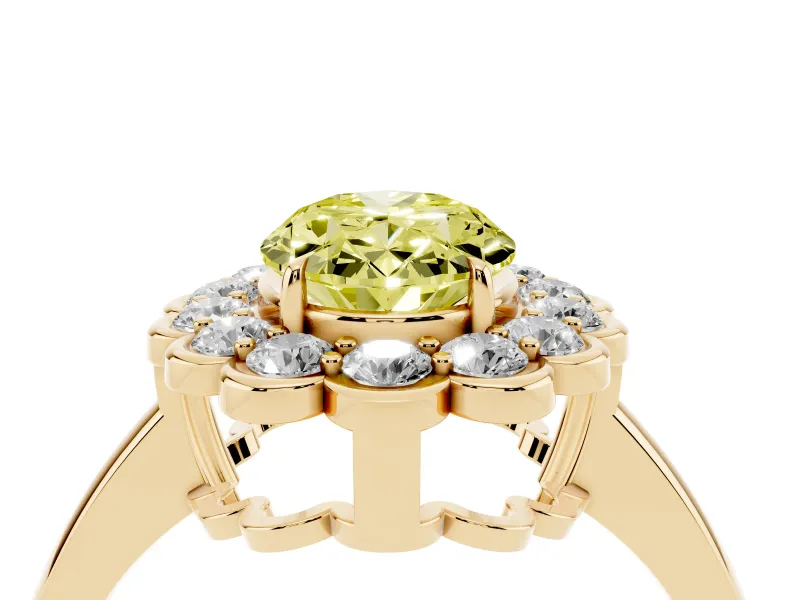 Oval Scalloped Cluster Halo Engagement Ring Setting for a Fancy Yellow Lab-Grown Diamond | Plain Band | Yellow Gold