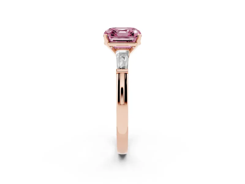 Asscher Cut Three Stone Engagement Ring Setting for a Fancy Pink Lab-Grown Diamond | Tapered Baguettes | Rose Gold
