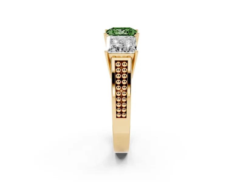 Princess Cut Three Stone Engagement Ring Setting for a Fancy Green Lab-Grown Diamond | Beaded Shoulders | Yellow Gold