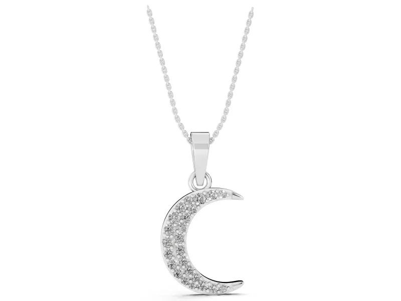 Round Lab-Grown Diamond Pavé Crescent Moon Pendant Necklace | Polished Rim | White Gold