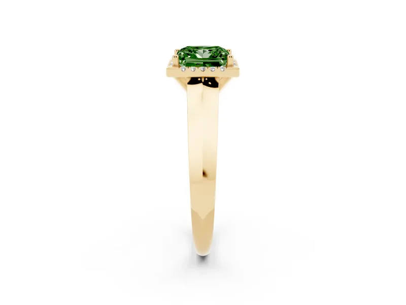 Fancy Green Princess Cut Diamond Halo Ring Set in Yellow gold with Cathedral Band and Prong Setting