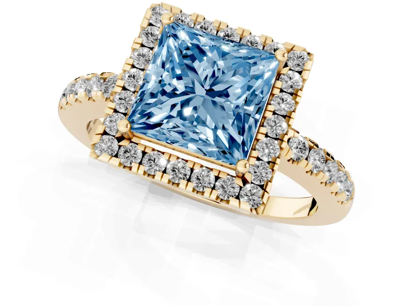 Princess Cut Halo Engagement Ring Setting for a Fancy Blue Lab-Grown Diamond | Shared Prong Pavé Band | Yellow Gold