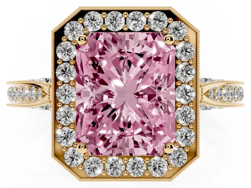 Radiant Cut Milgrain Halo Engagement Ring Setting for a Fancy Pink Lab-Grown Diamond | Side Stones | Yellow Gold
