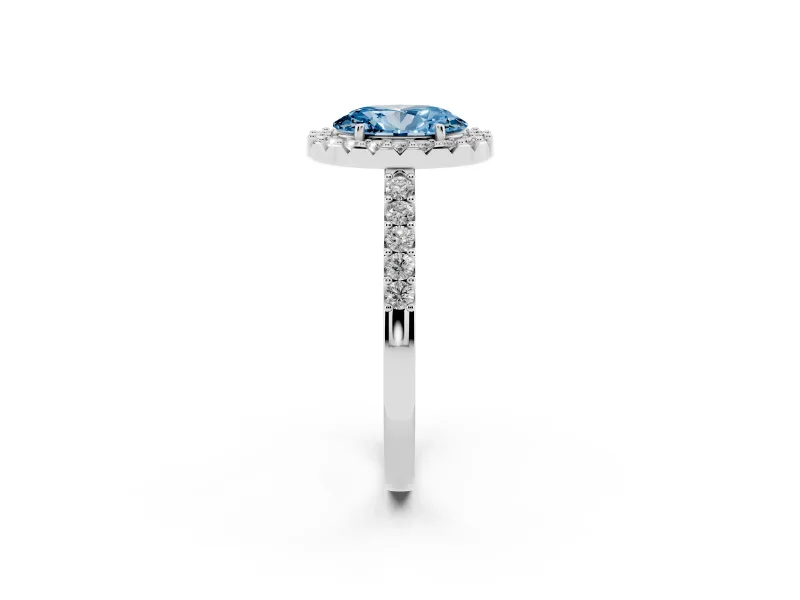 Fancy Blue Oval Cut Diamond Halo Pavé Solitaire Ring Set in Platinum with Prong-Set Center Stone