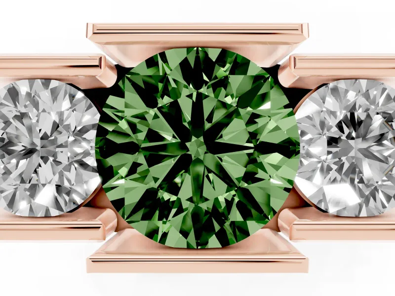 Round Channel-Set Three Stone Engagement Ring Setting for a Fancy Green Lab-Grown Diamond | Wide Flat Band | Rose Gold