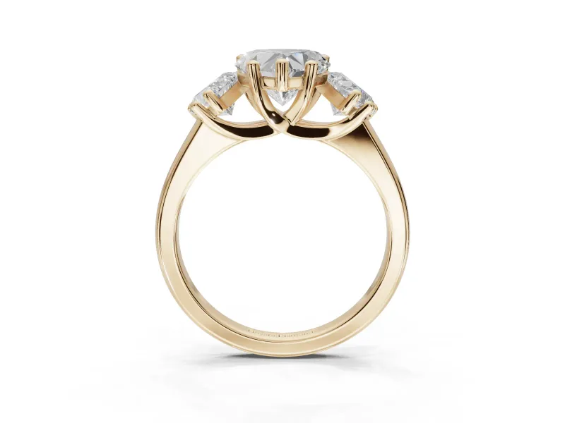 Heart-Shaped Three Stone Engagement Ring Setting | Wide Tapered Shoulders | Yellow Gold