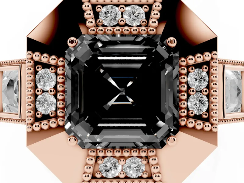 Asscher Cut Milgrain Sectioned Halo Engagement Ring Setting for a Black Center | Rose Gold