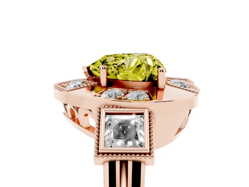 Fancy Yellow Heart Cut Diamond Milgrain Halo Ring Set in Rose gold with Split Shank