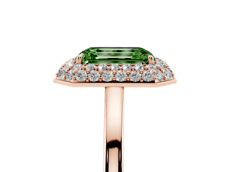 Emerald Cut Pave Halo Engagement Ring Setting for a Fancy Green Lab-Grown Diamond | Slim Plain Band | Rose Gold