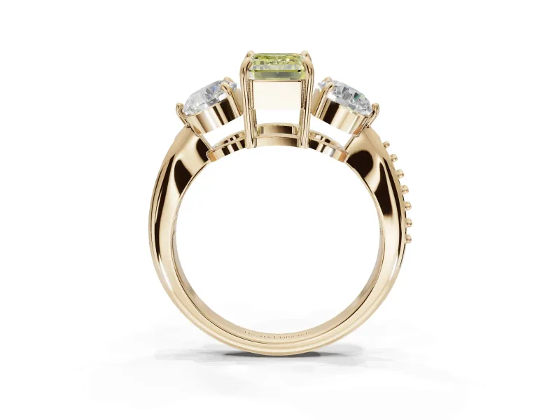 Emerald Cut Three Stone Engagement Ring Setting for a Fancy Yellow Lab-Grown Diamond | Tapered Pave Band | Yellow Gold